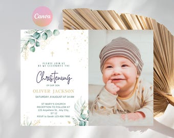 Photo Christening Invitation, Greenery Eucalyptus Baptism Girl or Boy Invite printable card,  Baptism Christening, Instant Download