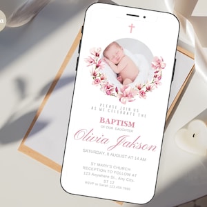Minimalist Digital Christening Invitation Template, Baby Girl Babtism Editable Baptism Evite, Baptism Photo Invitation, Download