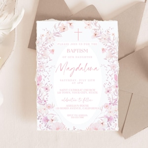 Modelo de convite de batismo floral vintage, convite rosa empoeirado de flores silvestres, floral para impressão em qualquer idade, batizado vitoriano, download instantâneo