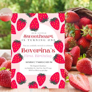 Invitación de primer cumpleaños con temática de bayas, tarjeta editable de primer cumpleaños con fresas, plantilla imprimible de invitación de bayas de verano para cualquier edad, Canva