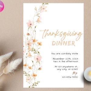 Wildflower Thanksgiving Invitation, Thanksgiving Invitation Template, Thanksgiving Invite, CANVA template, Holday Party, Instant Download