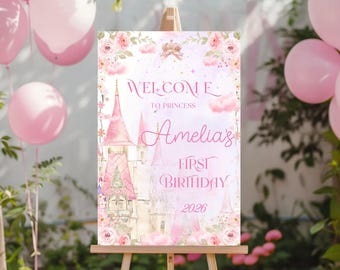 Princess Castle Birthday Welcome Sign, First Baby Girl Party Gift Milestone Poster Board Sign , Instant Download