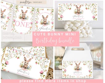 Wildflower Bunny 1st Birthday Mini Bundle, Rustic First Bday Rabbit Extras, Floral Printable Birthday Girl Decors Set