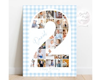 Blue Gingham Birthday Number 2 Photo Collage, TWO Years Old Gift Template, Checkered Boy Second Milestone Plaid Poster Sign Canva