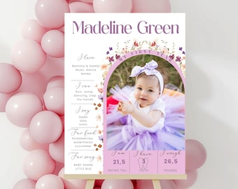 PURPLE First Year Birthday Arch Milestone Poster Sign, Editable Wildflower 1st Bday Milestone Board Sign, Printable Photo Template, Canva