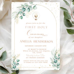 Greenery Gold Arch Erstkommunion Einladung, Classic Green Invite Vorlage, Printable Moderne Erwachsene Kinder religiöse Karte, Instant Download