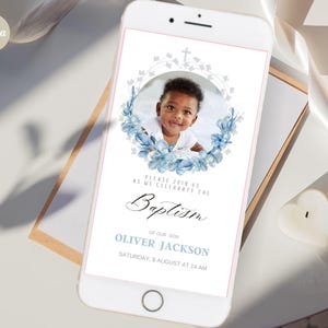 Convite de Batismo Digital VIDEO para meninos, Batismo de Bebê Menino Animado, Evite de Batismo Eletrônico, Convite de Batismo por Telefone com Foto, Download
