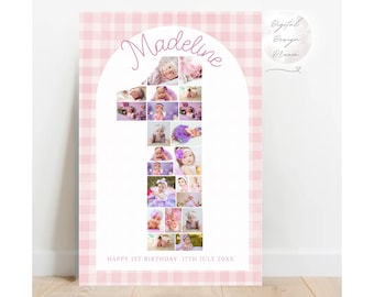 Pink Gingham Birthday Number 1 Photo Collage, ONE Year Old Gift Template, Girl First Milestone Poster Sign Canva