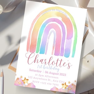 Convite de aniversário arco-íris, modelo editável e personalizado de qualquer idade, convite para crianças em aquarela, modelo de convite para meninas, DOWNLOAD instantâneo 5x7