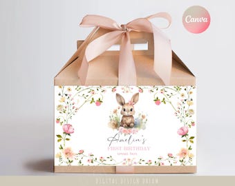 Wildflower 1st Birthday Floppy Bunny Box Label, Bday Treat Box Label, Printable Girl Floral Gift Box, Rustic Rabbit Favor, Instant DOWNLOAD