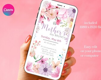 Floral MOTHERS DAY brunch Invitation, Spring Flowers digital card Template, Mobile happy Mothers Day Card, Instant DOWNLOAD