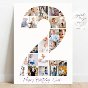 May include: A white canvas print with a number two shape composed of baby photos. The words "Happy Birthday Noah" are written in dark purple script at the bottom, with the year below. The background is white. The print is suitable for a child's birthday.