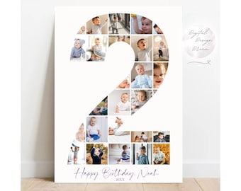 2歳の誕生日の数字2の写真コラージュ、数字2の写真テンプレート、2歳の誕生日プレゼントのマイルストーンポスターボードサインコラージュ、すぐにダウンロードできます
