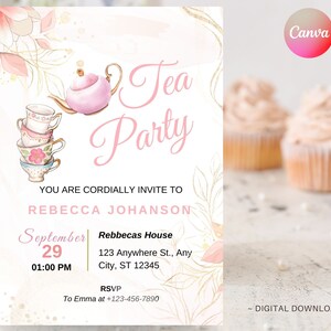 Invitación a la fiesta del té rosa, plantilla de tarjeta de acuarela para cumpleaños de la fiesta del té, tarjeta sencilla para la hora del té, DESCARGA INMEDIATA