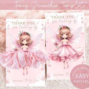 Modello di etichetta per scrunchie FAIRY, modello floreale con fiocco rosa Coquette, bomboniera per ballerini con scrunchie, etichetta di ringraziamento, download immediato