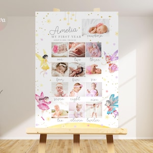 Póster de primer cumpleaños con collage de fotos de hadas mágicas, letrero editable para el primer cumpleaños de cuento de hadas, plantilla imprimible de Pixies, Canva