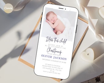Electronic Minimalist Christening Invitation Template, Baby Boy or Girl Editable Baptism Evite, Baptism Photo Invitation, Download