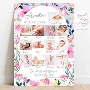 Affiche d'étape importante pour le 1er anniversaire de l'arche de fleurs sauvages, signe de tableau d'étape importante pour le premier anniversaire de la fille photo, modèle d'étape florale sur toile, téléchargement immédiat
