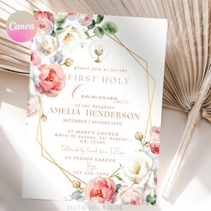 Rosa Faust Kommunion Einladung, Mädchen Floral Moderne 1. Heilige Kommunion Vorlage, Digital Golden Arch Rahmen Mädchen Karte, Text einladen EDITIERBAR