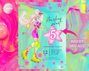 Skate Costume Colorfull Digital Birthday Invitation Template, Girl Birthday Editable Evite, Any Age Birthday Edit in Canva, Instant Download