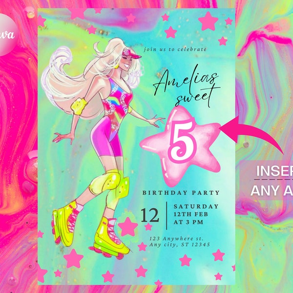 Skate Costume Colorfull Digital Birthday Invitation Template, Girl Birthday Editable Evite, Any Age Birthday Edit in Canva, Instant Download