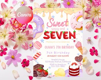 Sweet and Sassy 7th Birthday Invitation, Vibrant Seven Birthday Party Invite, Canva Template