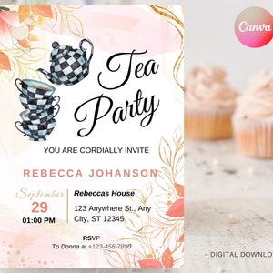 Invitación a la fiesta del té, plantilla de tarjeta de acuarela para cumpleaños de la fiesta del té, tarjeta sencilla para la hora del té, DESCARGA INMEDIATA