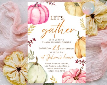 Calabazas blancas rosas Reunámonos plantilla de invitación, Invitación Canva de Acción de Gracias editable digital, Informal, Comida compartida, Agradecido, Descargar