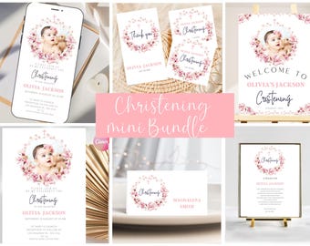 Digital Girl Photo Christening Bundle, Pink Magnolias Baby Baptism Set, Modern Communion Decorations Template