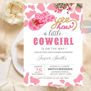 Digital A Little Cowgirl Baby Shower Invitation, Pink Baby CountryGirl Shower Invitation, Wild Western Rodeo Invite Canva, Instant Download