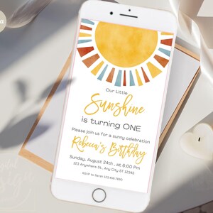 Elektronische Boho Sunshine 1e verjaardag Evite, bewerkbare zon elke leeftijd kinderen uitnodiging sjabloon, digitale meisje zomerzon Evite, Instant Download