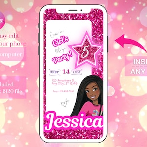 Black Girl Curly Hair Pink Birthday Girl Sparkle Invitation Template, African American Girl Birthday Any Age Editable Invitation, Canva Edit