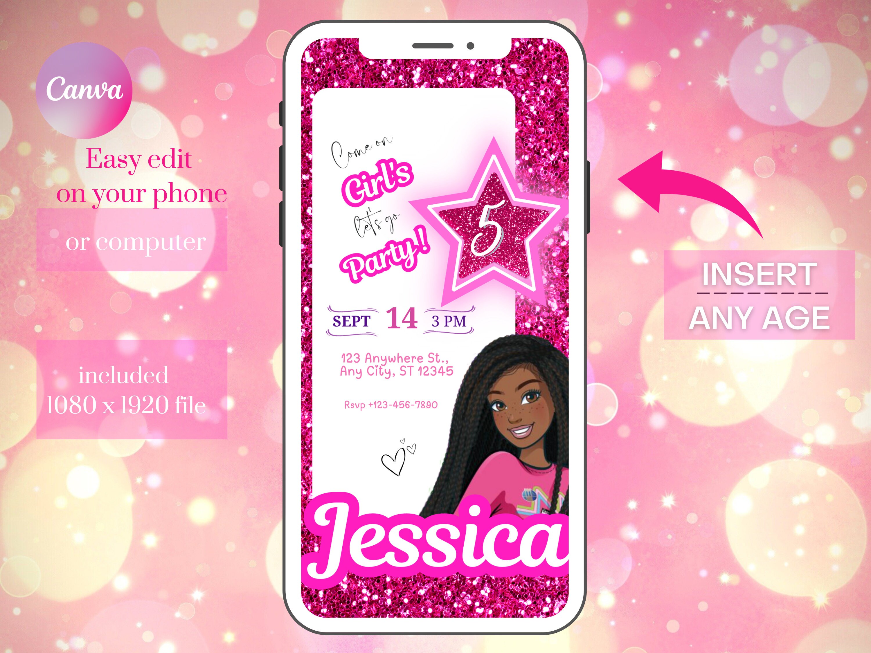 Black Girl Curly Hair Pink Birthday Girl Sparkle Invitation Template ...