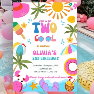 Pink Two Cool Pool Party Birthday Invitation, Girl Swim Party Invite, Girl 2nd Swimming Party Canva Template, kids Pool Birthday Celebration