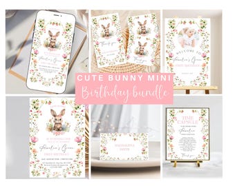 Wildflower Bunny First Birthday Mini Bundle, Digital Pink Floral Baby Girl 1st Birthday Set, ANY AGE Party Extras Template, Instant Download