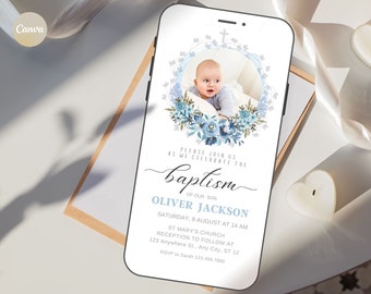 Digital Baptism Invitation for boys, Canva Template Baby Boy Baptism, Editable Mobile Evite, Baptism Photo Invitation, Instant Download