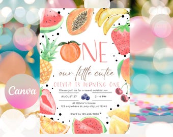 One Our Little Cutie Frutti Birthday Invitation, Tropical Fruits 1st Summer Party Invite