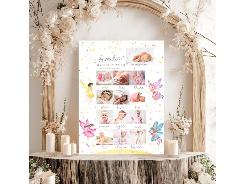 Magical FAIRY First Birthday Photo Collage Milestone Poster, Editable ...