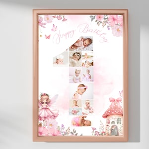 FAIRY Erster Geburtstag Collage Meilenstein Poster Zeichen, bearbeitbares Märchen 1