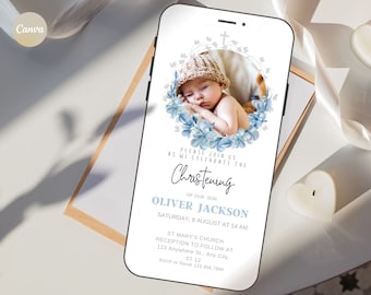 Digital Christening Invitation for boys, Template Baby Boy Baptism ,Editable Baptism Evite, Phone Baptism Photo Invitation, Download