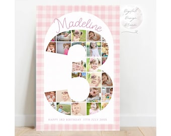 Pink Gingham 3rd Birthday Photo Collage, Girl Third Birthday Gift Number Three, Baby Photoboard Canva