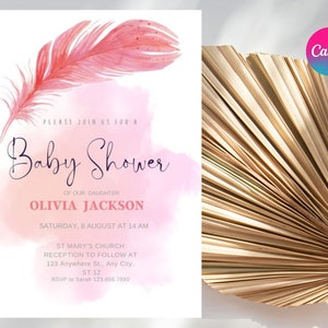 Plantilla de invitación para baby shower con plumas de acuarela rosa para niña, invitación imprimible y editable, elegante baby shower, descarga instantánea