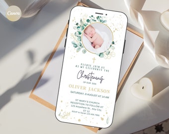 Digital PHOTO Christening Invitation, Eucaliptus leaf Holy Communion Evite, Digital Baptism Invitation, Instant Download