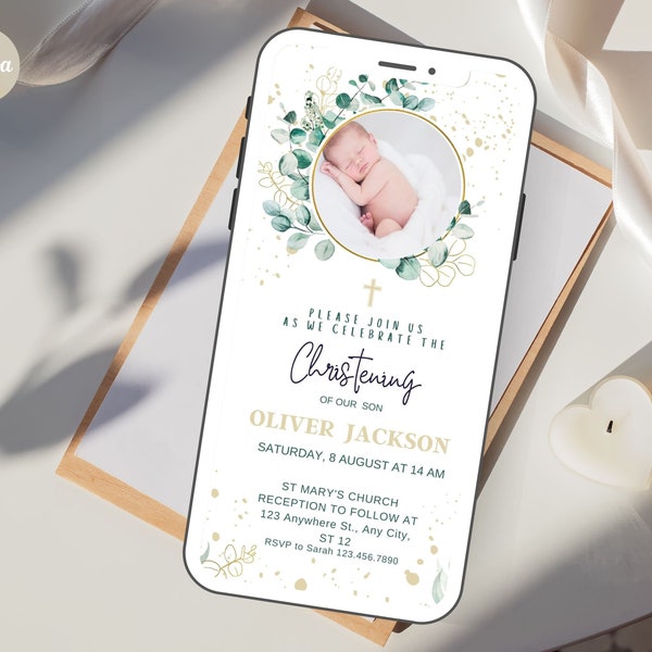 Digital PHOTO Christening Invitation, Eucaliptus leaf Holy Communion Evite, Digital Baptism Invitation, Instant Download