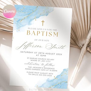 Invitación de bautizo azul y dorado, plantilla editable clásica para bautizo de niño, tarjeta de invitación para bautizo, tarjeta imprimible para primera comunión, descarga instantánea