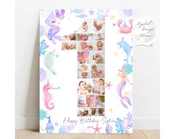Digital Under sea 1st Birthday Number 1 Photo Collage, Number ONE Photo Template, First Birthday Gift Milestone Poster Board Sign Collage,