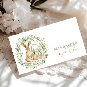 Modèle de carte de lieu d'étiquette de nourriture de lapin de disquette, carte modifiable de tente de buffet de Pâques florale, carte de visite imprimable des cadeaux, téléchargement immédiat