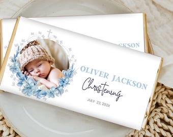 Boy Christening Chocolate Candy Wrapper, Blue Magnolias Party Favor Candy Bar Label, Floral Boy School Office Template, Instant DOWNLOAD