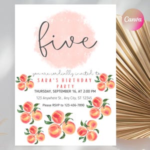 Invitación de cumpleaños de Peach FIVE, plantilla editable y personalizada para cualquier edad, invitación para niños, descarga instantánea, 5x7