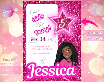 Black African American Girl Pink Digital Birthday Invitation Template, Glitter Birthday Any Age Editable Invitation, Edit in Canva, Download